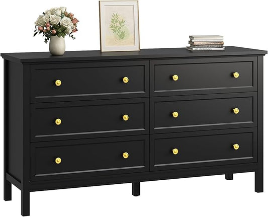 CARPETNAL Black Dresser for Bedroom, 6 Drawer Dresser with Wide Drawer and Metal Handles, 55" Black and Gold Dresser, Wood Dressers & Chests of Drawers for Hallway, Entryway.