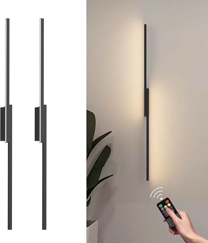 Aipsun 39.4inch Black Battery Operated Wall Sconce Set of 2, Rechargeable Wall Sconce Lighting Dimmable Wireless Wall Lights for Living Room,Bedroom