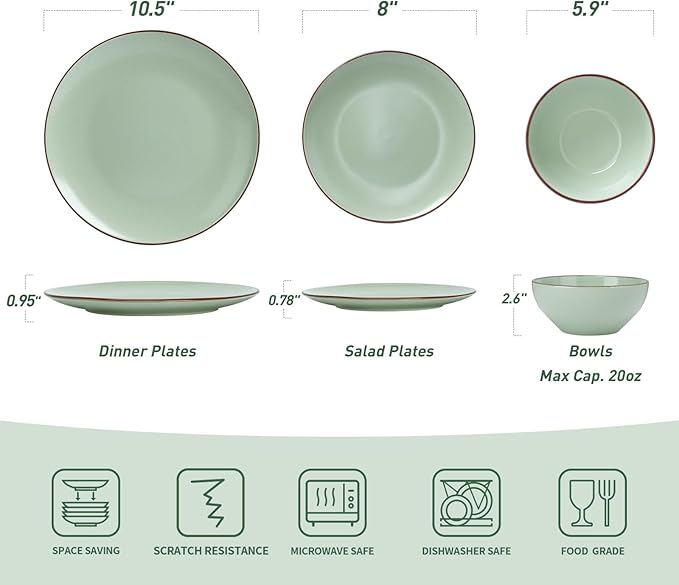 Famiware Venus Plates and Bowls Sets, 18 Pieces Stoneware Dinnerware Sets, Speckled Dishes Set for 6, Microwave and Dishwasher Safe, Matte Light Green