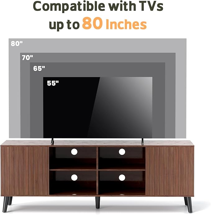 Mid-Century Modern TV-Stand - Fluted TV Stand for 80 75 65Inch TV, Entertainment Center with Storage, Media Console with Adjustable Shelves for Living Room, Walnut