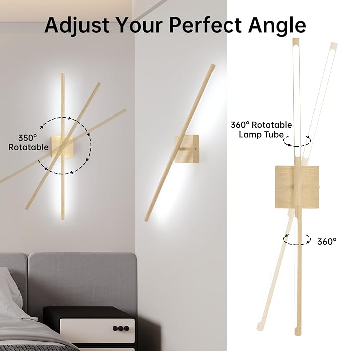 Battery Operated Wall Sconce Set of 2, 10400mAh Rechargeable Wall Sconces, 3000K-6000K Dimmable, 350°Rotate, Indoor Wall Lights for Bedroom Living Room, Original Wood, 31.5 Inch