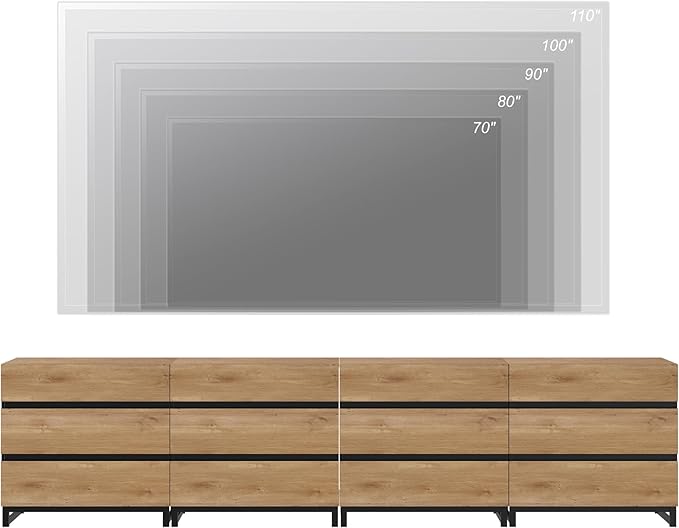 WAMPAT Modern TV Stand for TVs up to 120 inch, Entertainment Center TV Console with 12 Drawers and Metal Base, Media Console for Living Room, Bedroom, Oak