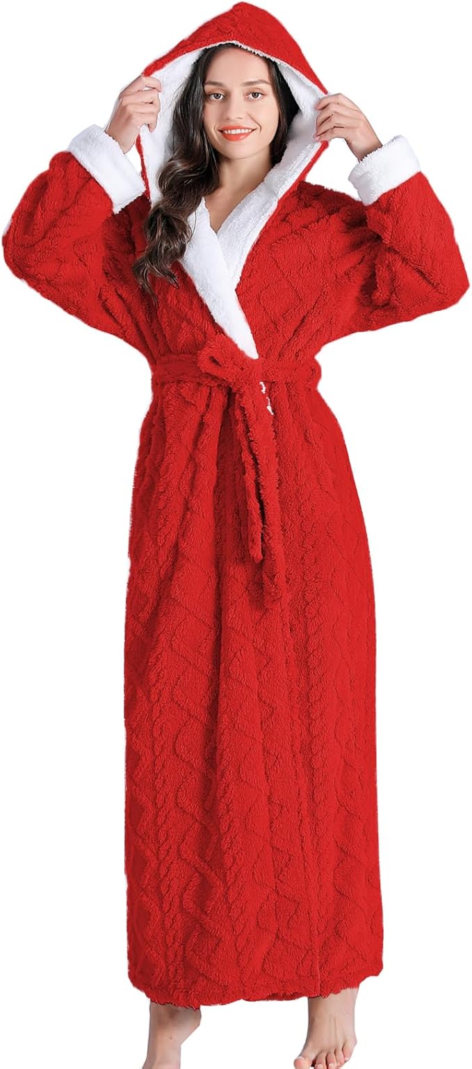 LKG women's robes long plush hooded ladies shower luxury christmas warm fuzzy robes house coat bathrobe for women full length