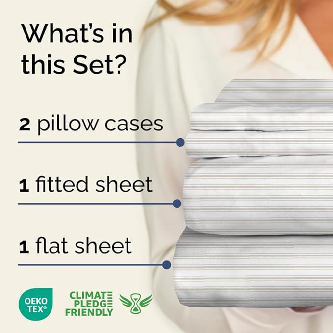 Grey Striped Sheets - 1 Flat & 1 Fitted Sheet & 2 Pillowcases w/ Deep Pockets - Comfy, Cozy, Wrinkle & Fade Resistant - Ultra Soft, Breathable and Cooling - Luxury Pinstripe Bedding - Queen Size
