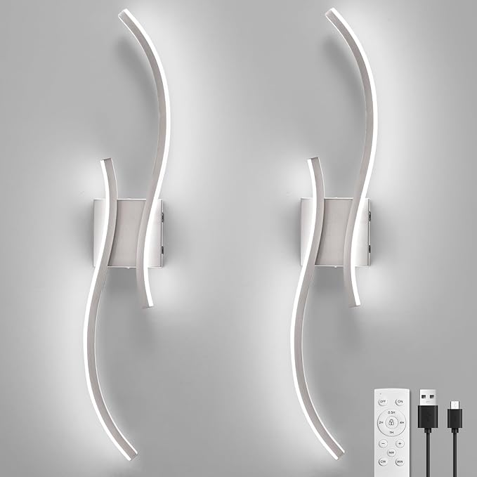 Battery Operated Wall Sconces Set of 2, Rechargeable Dimmable Battery Wall Light with Remote Control, Brushed Nickel LED Wireless Wall Light for Living Room Bedroom Hallway，31.5inch (Brushed Nickel)