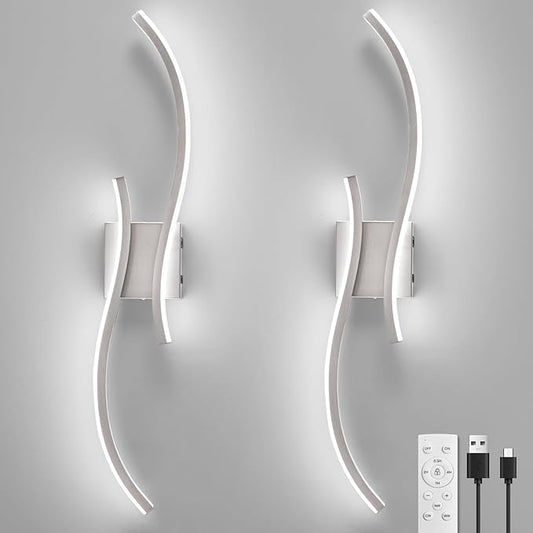 Battery Operated Wall Sconces Set of 2, Rechargeable Dimmable Battery Wall Light with Remote Control, Brushed Nickel LED Wireless Wall Light for Living Room Bedroom Hallway，31.5inch (Brushed Nickel)