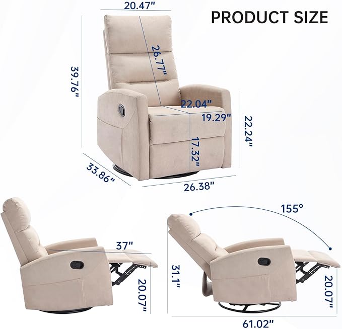 360° Swivel Recliner Chairs for Small Spaces, A Recliner with Side Pockets, Small Rocker Recliner for Living Room, Bedroom, Cream Recliner Chair for Adults