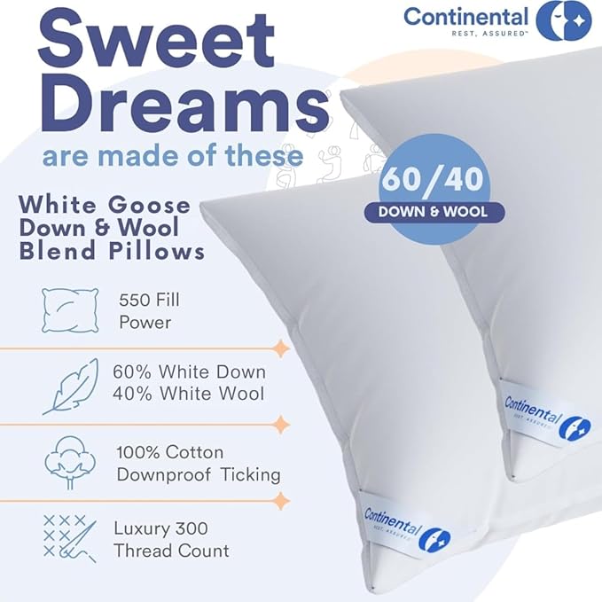 Continental Bedding Australian Wool and Down Bed Pillow Blend 40/60, Queen, White