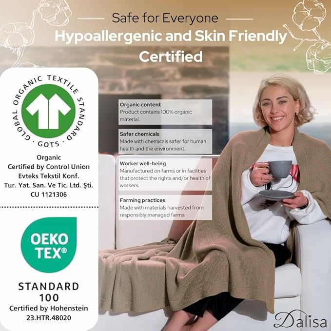 Dalisa 100% Organic Turkish Cotton Throw Blanket - GOTS Certified, Cozy - Perfect for Couch, Bed, and Home Decor - Boho Vintage Knit Alina (Mocha Meringue, 50x60)