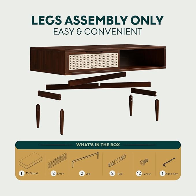 Bme Oliver Coffee Table, Mid Century Modern Coffee Table, Side Table with Storage, 2 Drawers & Open Compartments, Solid Wood Legs with Adjustable Levelers, Rattan Accent for Living Room, Walnut