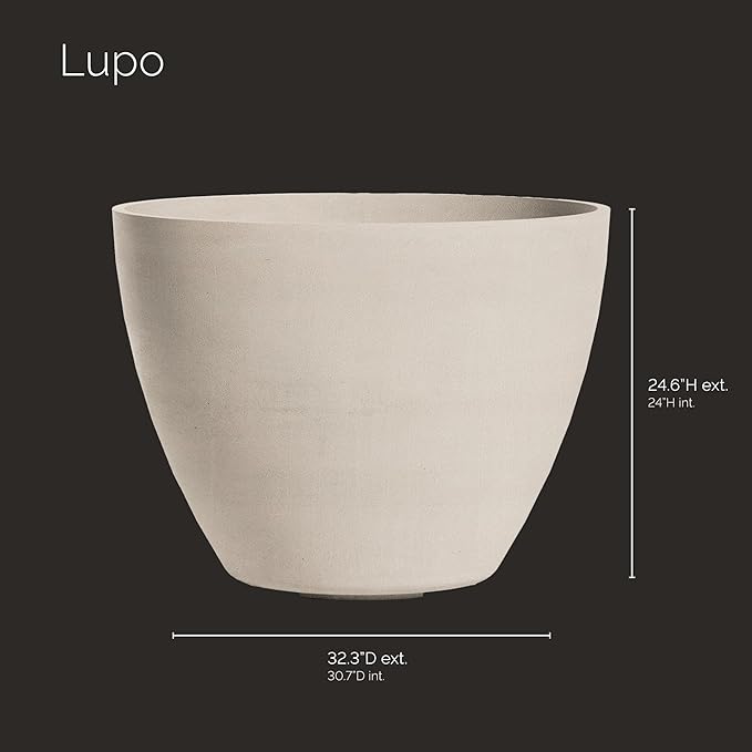 Lupo Tapered Planter – Sand Stone Finish – Fiberglass Indoor/Outdoor and Weather-Resistant Large Planter (32.3" D x 24.6" H Exterior, 30.7" D x 24" H Interior)