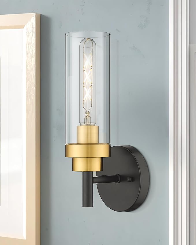 Emak Black and Gold Sconces Wall Decor Set of 2, Bathroom Vanity Light with Clear Glass Shade, Modern Wall Sconce for Bathroom, Bedroom, Living Room, Hallway, WS085-BKBGD-2PK