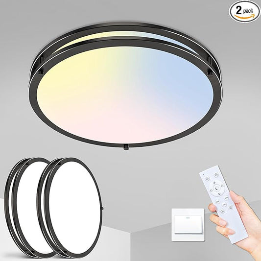 libtit 10Inch Flush Mount Ceiling Lights with Remote, 18W Dimmable LED Ceiling Light with Nightlight and Timer, 3000K-6500K Adjustable Black Light Fixture for Closet Kitchen Hallway Bathroom-2Pack