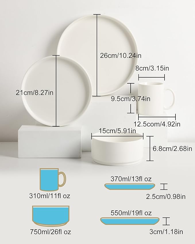 Sweejar Porcelain Dinnerware Sets for 4, 16 Pieces Ceramic Plates and Bowls Set, Classic Modern Simple Kitchen Dinner Dining Ware Set, Dishwasher and Microwave Safe Dishes Sets with Cups(Pure White)