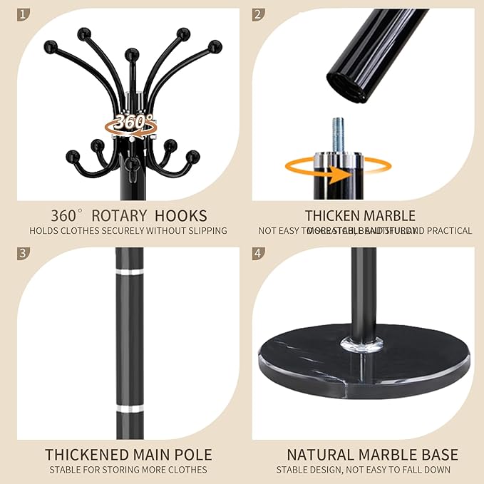 Metal Heavy Duty Coat Rack Stand, Modern Freestanding Coat Rack with Natural Marble Base, 360° Roraty Coat Racks with 16 Hooks, Black Coat Hall Tree Hanger Stand for Entryway, Office