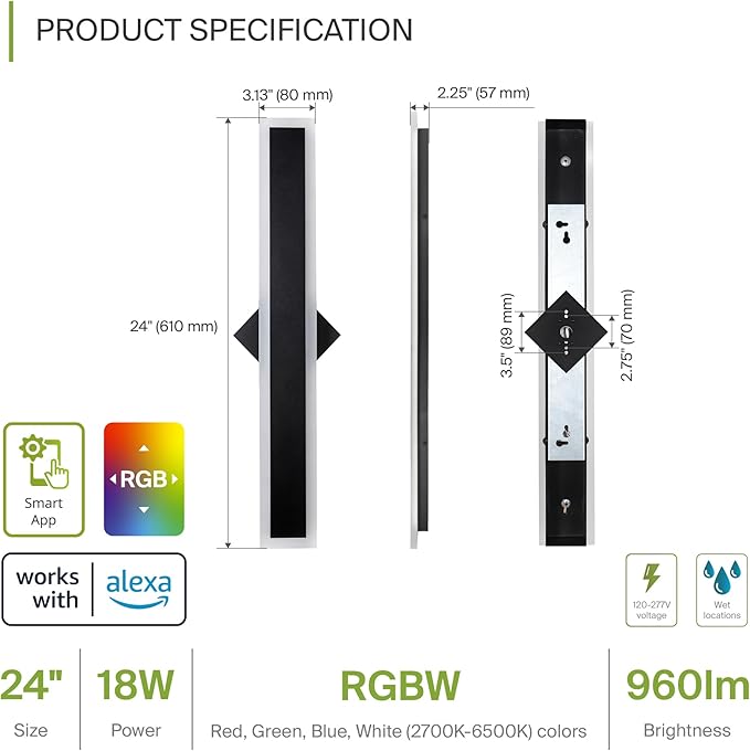 ASD LED 24" Long Wall Mount Light Fixture, Outdoor & Indoor Linear Sconce | RGBW, Smart, Waterproof, Anti-Rust, ETL Listed | 18W 900LM 2700-6500K 100-277V | Exterior Porch Lighting | Black, 2 Pack