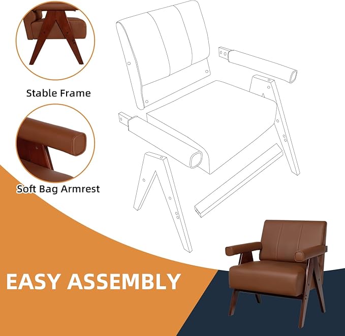 AODAILIHB Mid Century Modern Chairs Brown Leather Accent Chair Wood Arms with Soft Bag Living Room Chairs with Thick Cushion Comfy Leisure Sitting Waiting Room Chairs Bedroom/Office (1, Brown)