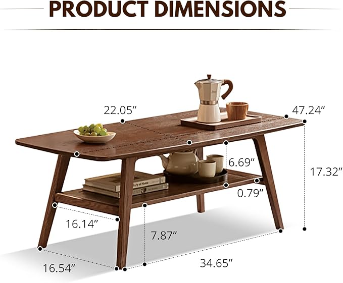100% Solid Oak Coffee Table with Storage Shelf, 2-Tier Wooden Center Table for Living Room, Farmhouse Rustic Rectangle Table, Easy Assembly, 47 Inch