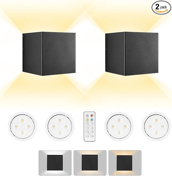 HEQIQEH Modern Style Battery Operated Wall Sconces, LED Cube Indoor Up and Down Wall Lamp with Remote Control, Dimmable Cordless Wall Lighting Fixtures for Living Room,Bedside (Black - 2 Pack)