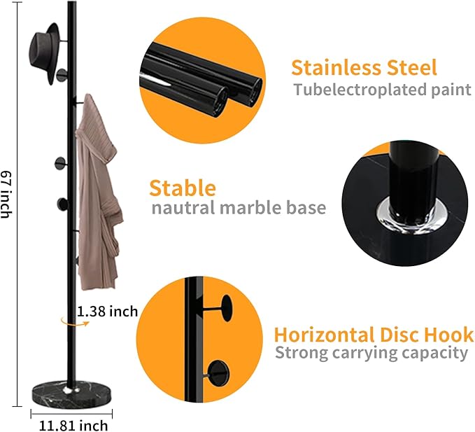 Metal Coat Rack Freestanding, Sturdy Coat Rack Stand with Natural Marble Base, Coat Racks Tree Hats Hanger Holder Stand for Entryway, Hallway, Bedroom(8 Hooks)
