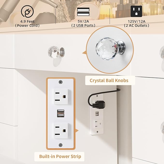 VOWNER Vanity with Lighted Mirror - 47" Makeup Vanity Desk with 9 Drawers and Power Outlet, 3 Color Lighting Modes Adjustable Brightness, Makeup Desk with Soft Cushioned Stool for Bedroom, White