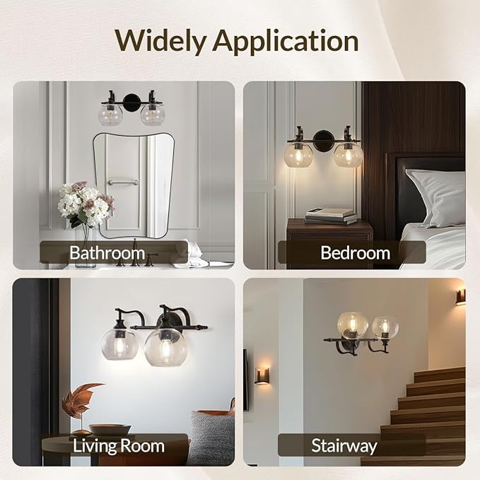 ANDY STAR 2 Light Bathroom Vanity Light, Matte Black Bathroom Light Fixtures, Modern Wall Sconce with Clear Globe Glass Shade, Farmhouse Wall Lamp for Bathroom, Living Room, Hallway, Cabinet, Porch