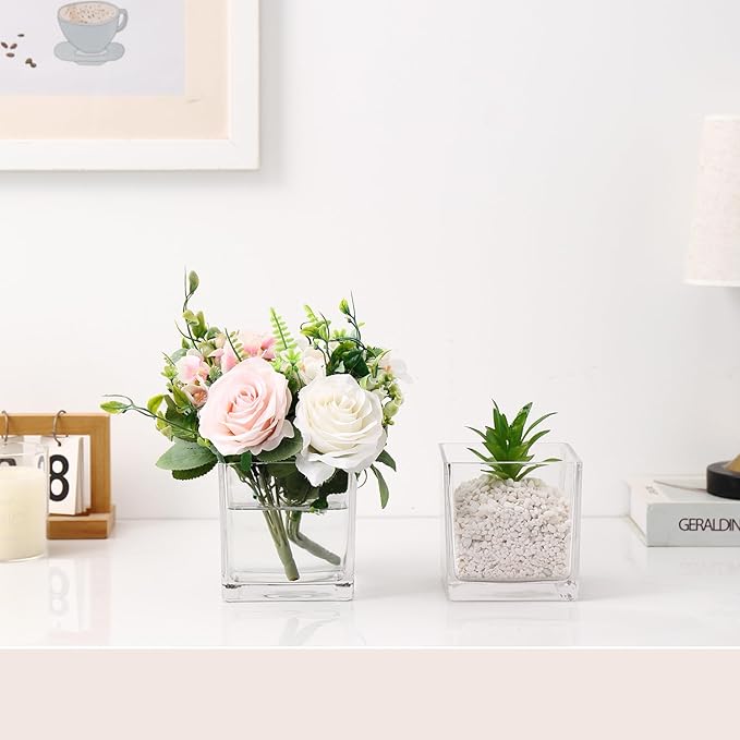 Square Clear Glass Vases Set of 6, 5" x 5" x 5" Flower Vases for Centerpieces, Square Vase for Centerpieces, Small Vase for Wedding, Party, Home Office Decoration