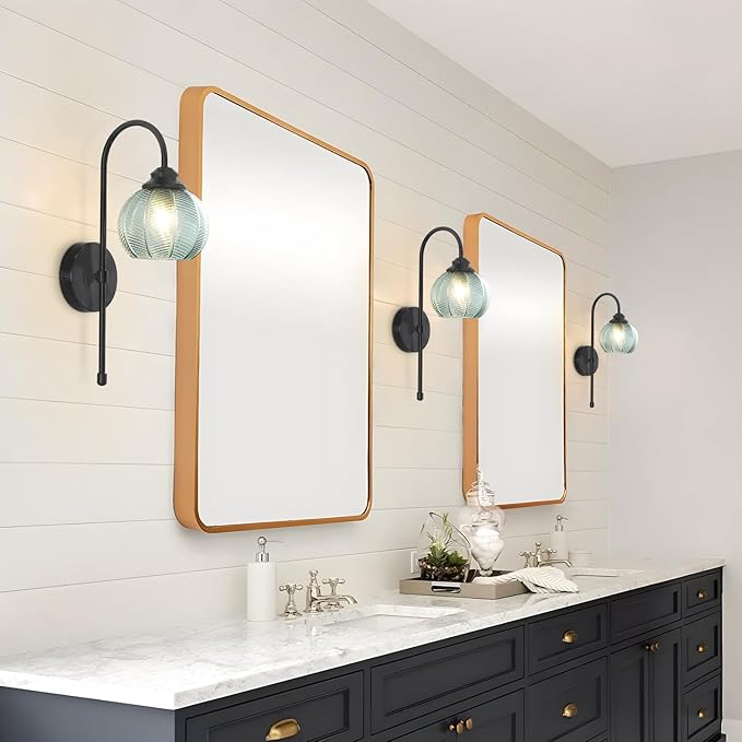 KCO Lighting Mid Century Modern Wall Sconce Matte Black Vintage Bathroom Light Fixture Green Glass Globe Wall Light Hallway Indoor Sconces Wall Lighting Set of 2