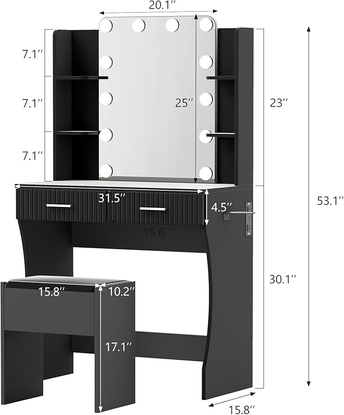 Black Vanity, Small Vanity Desk with Mirror and Lights, Makeup Vanity Desk with 3 Color Modes Adjustable Bulb, 2 Large Drawers and 4 Open Storage Shelves, Vanity with Chair for Bedroom