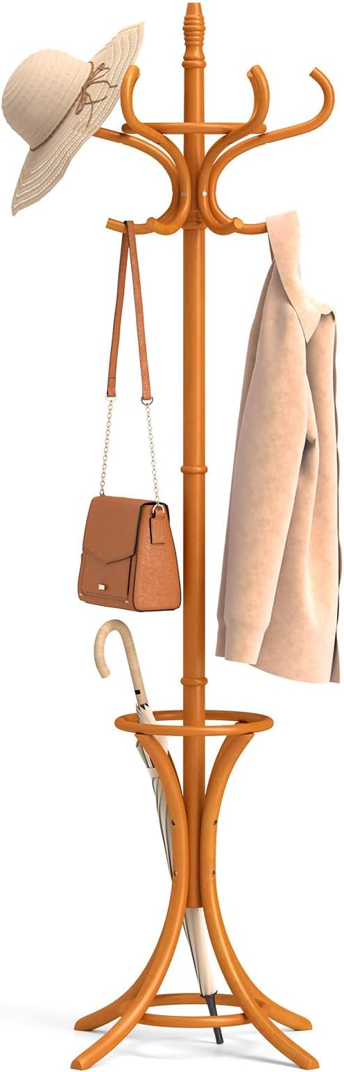 Tangkula Coat Rack with Umbrella Holder, 73 Inch Freestanding Coat Hanger Stand with 12 Hooks, Wooden Entryway Coat Tree for Clothes, Bags, Hats, Scarves, Living Room, Bedroom, Hallway (Natural)