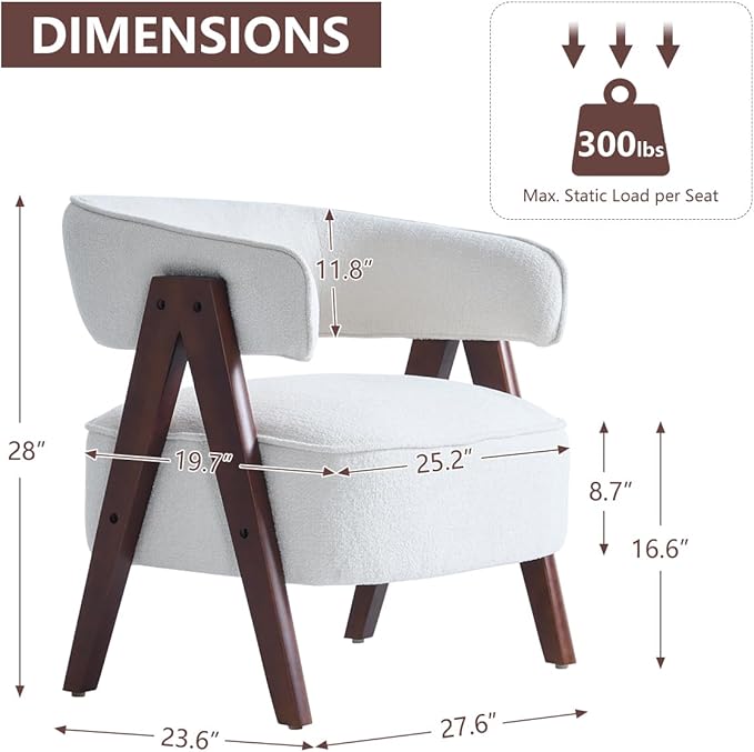 Kidol & Shellder Mid Century Accent Chair Set of 2 Comfy Fabric Modern Living Room Bedroom Chairs Upholstered Lounge Reading Armchair with Thicken Seat Cushion Wood Frame （White）