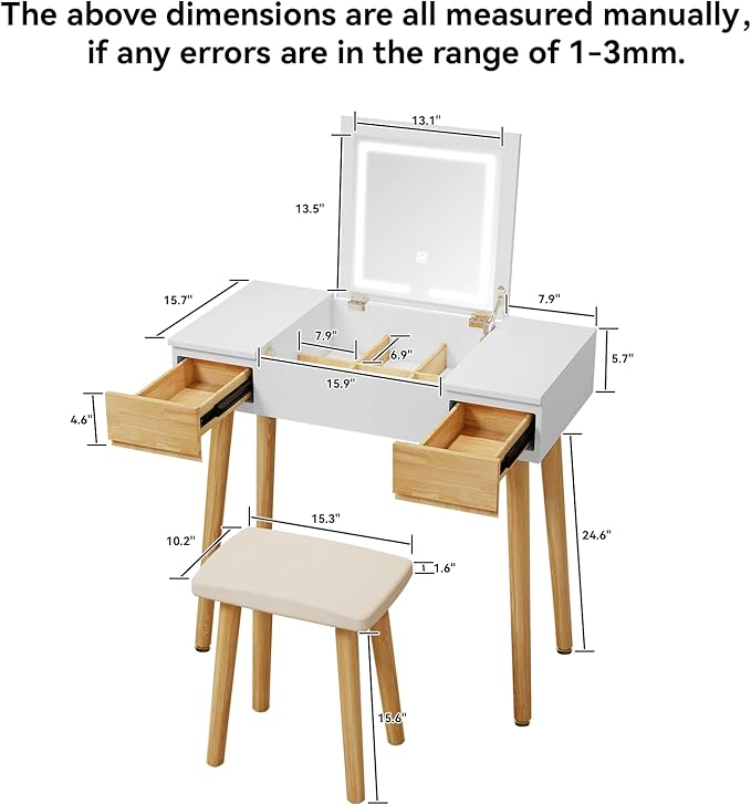 YOURLITE Makeup Vanity Desk with Flip-top Mirror and Lights, 3-in-1 Makeup Vanity Table with 2 Drawers and Cushioned Stool, Writing Desk Dressing Table Vanity Set