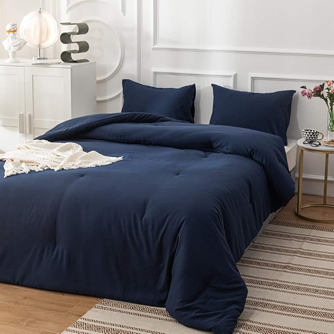Luxlovery Navy Blue Comforter Set Queen Men Boys Dark Blue Bedding Comforter Sets Comfy Blanket Quilts Cozy Breathable Solid Navy Queen Size Bedding Comforter Set