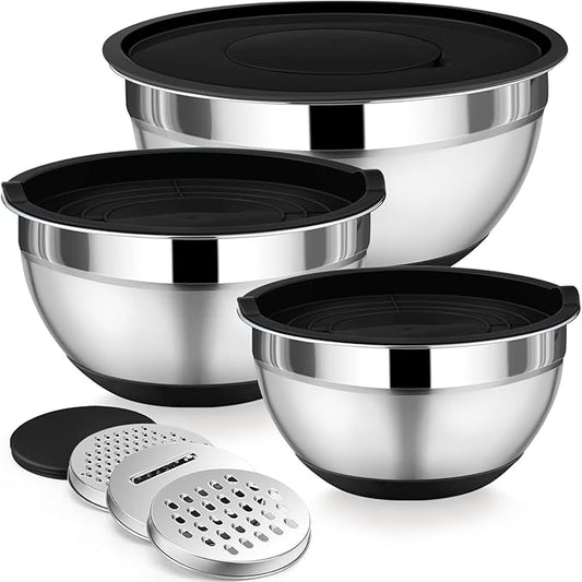 P&P CHEF Mixing Bowl with Lids Set of 3, Stainless Steel Nesting Salad Bowls for Serving Preparing, 3 Grater Attachments & Non-Slip Bottoms, Size 1.5/2.6/4.6 QT, Black