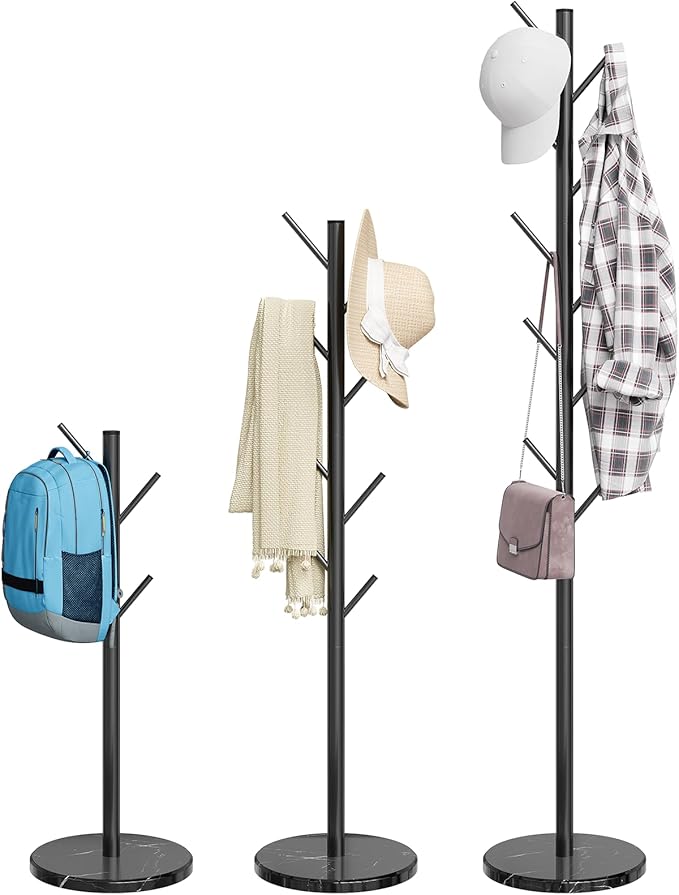 ELYKEN Coat Rack Freestanding with Natural Marble Base, Metal Coat Rack Stand with 10 Hooks, 3 Adjustable Size Coat Tree for Bags, Clothes, and Hats for Entryway, Bedroom, Hallway, Office, Black