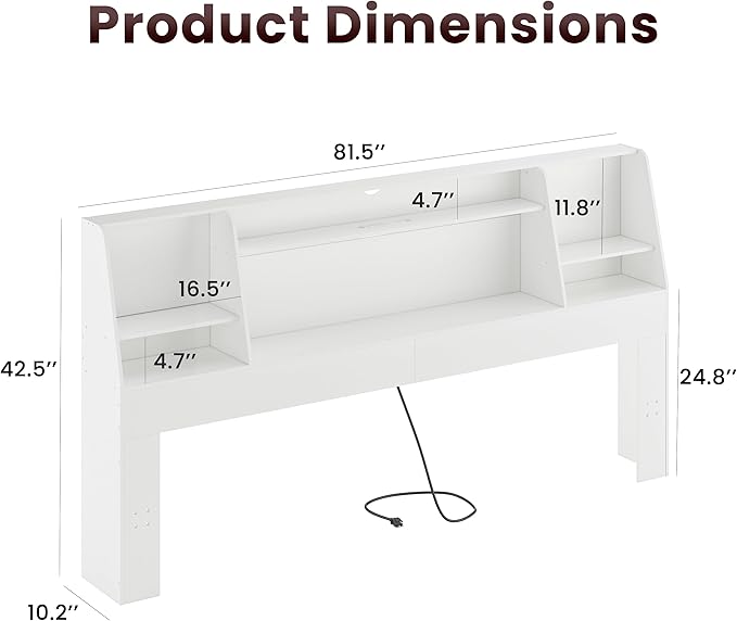 Headboard Queen Size with Storage, Upholstered Wood Bookcase Headboard with Charging Station & 2 LED Lights (White, King)