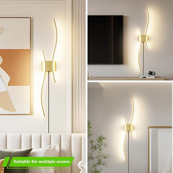 Modern Gold Plug in Wall Sconces Set of 2 - Smart Dimmable LED Wall Lights with Remote, 3CCT Adjustable & Memory Function, Timer Setting - No Wiring Needed for Living Room, Bedroom, Hallway