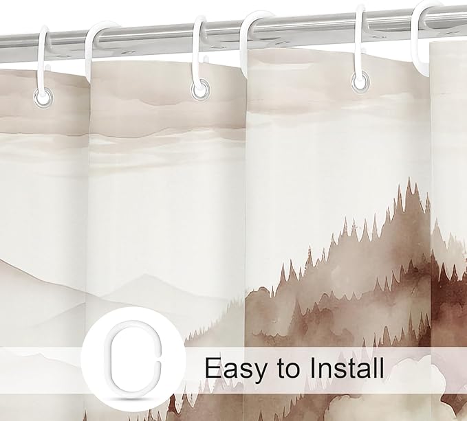 Brown Long Misty Pine Forest Shower Curtain 72 x 78, Tan Mountain Foggy Woodland Scenery Tree 78 Inch Long Shower Curtains for Bathroom, Abstract Waterproof Nature-Themed Decor