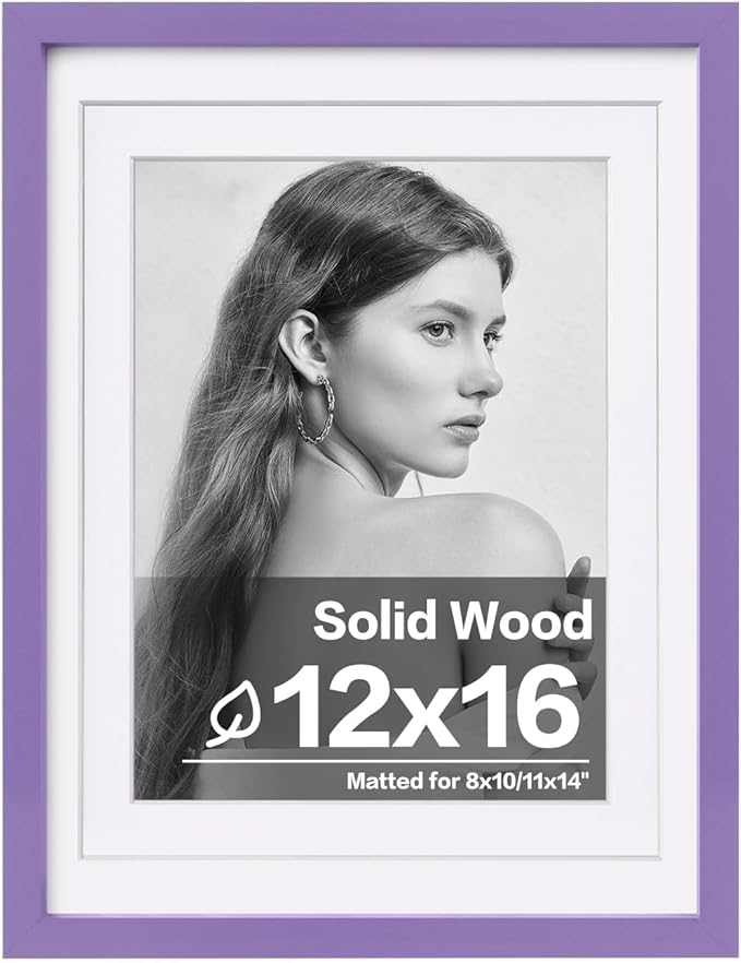 Egofine 12x16 Picture Frame Made of Solid Wood, Display Covered by Plexiglass, Display Pictures 9x12/11x14 with Mat or 12x16 Without Mat for Wall Mounting, Purple