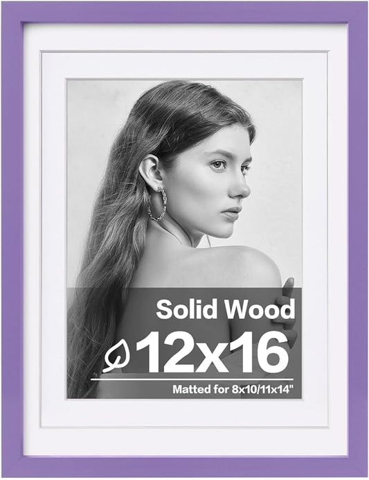 Egofine 12x16 Picture Frame Made of Solid Wood, Display Covered by Plexiglass, Display Pictures 9x12/11x14 with Mat or 12x16 Without Mat for Wall Mounting, Purple