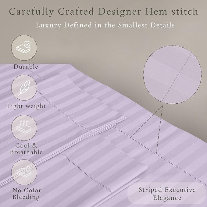 Threadmill 500 Thread Count Twin Size Damask Stripe, 3 Pc Luxury Cotton Sheet Set, Breathable & Silky Soft Lilac Sheets with 15" Elasticized Deep Pocket, 1 Pillowcase & Free Tote Bag
