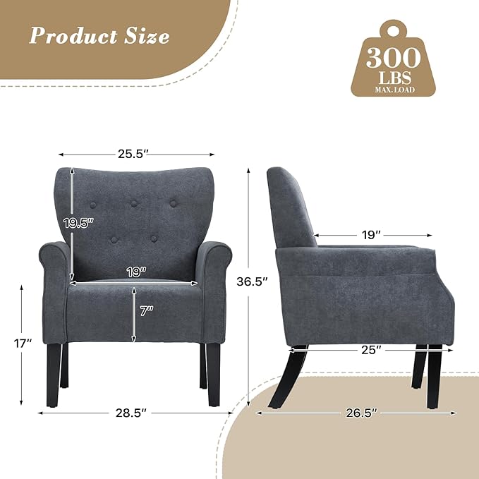 Athena Collection Mid Century Accent Chair with Rubberwood Legs, Upholstered Modern Armchair with High Back, Tufted Backrest and Angled Back Legs for Living Room, Bedroom, Vanity, Lava Gray