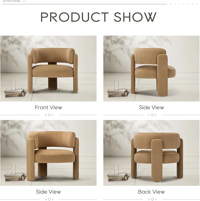 COLAMY Modern Velvet Accent Chair, Upholstered Barrel Chair, Comfy Side Arm Chair with 3 Legs for Living Room, Bedroom, Reading, Khaki