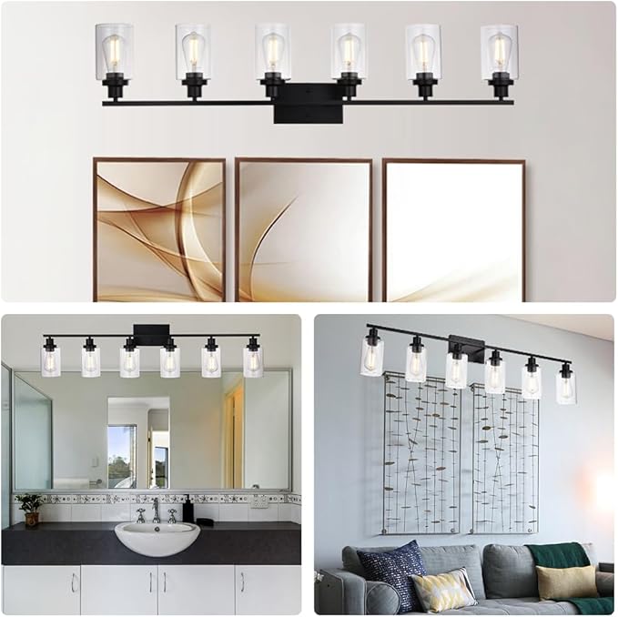 MELUCEE Black Vanity Light Fixture 6-Light Industrial Metal Wall Sconce Bathroom Lighting for Bedroom Hallway Kitchen, Clear Glass Shade Included (Patent No.: US D963914 S)