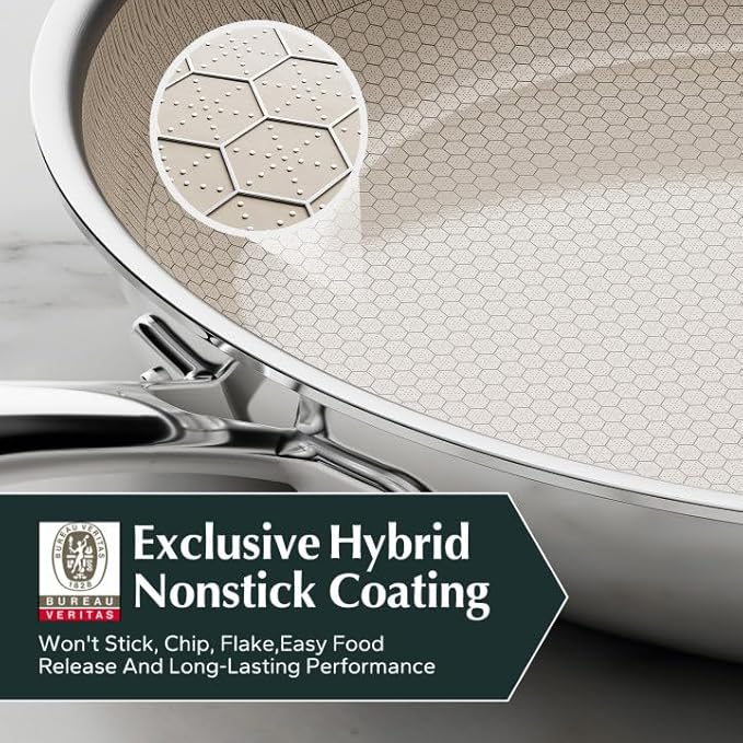 Redchef Non Stick Frying Pans, Hybrid 10 Inch Ceramic Frying Pan, Tri-Ply Stainless Steel Skillet, Non Toxic, PFAS PFOA & PTFE Free, Dishwasher & Oven Safe, Compatible with All Cooktops