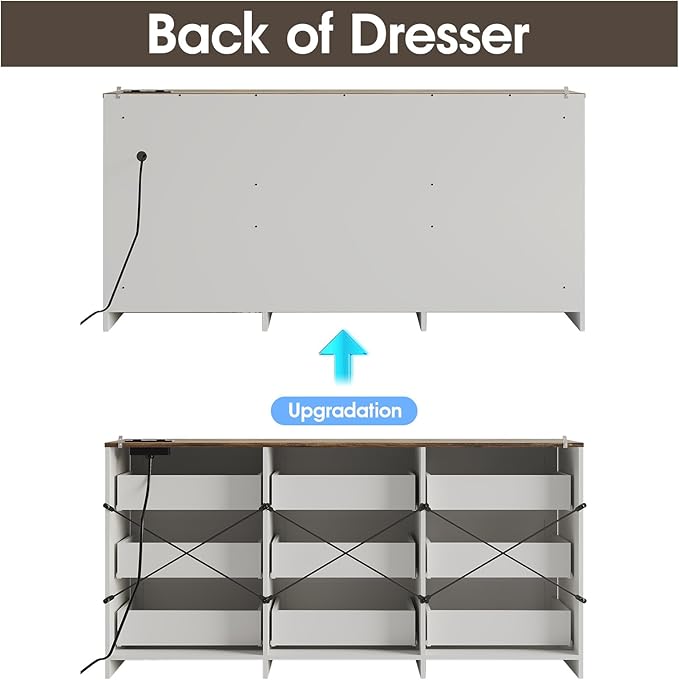 Fameill Dresser for Bedroom, 9 Drawer Wide Dresser Organizer with Charging Station, Tall Dresser for Hallway, Wood Dresser with Metal Handles, Farmhouse White