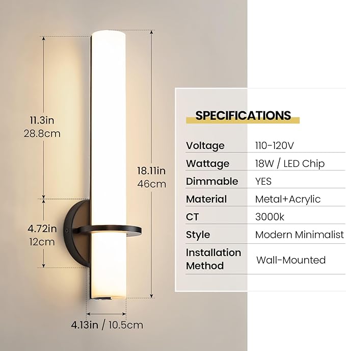 Black Wall Sconces, 18 inch Modern Wall Sconces Set of Two 18W 3000K LED Dimmable Bathroom Sconces with Acrylic Shade Indoor Wall Lights for Bedroom Living Room Hallway Stairway