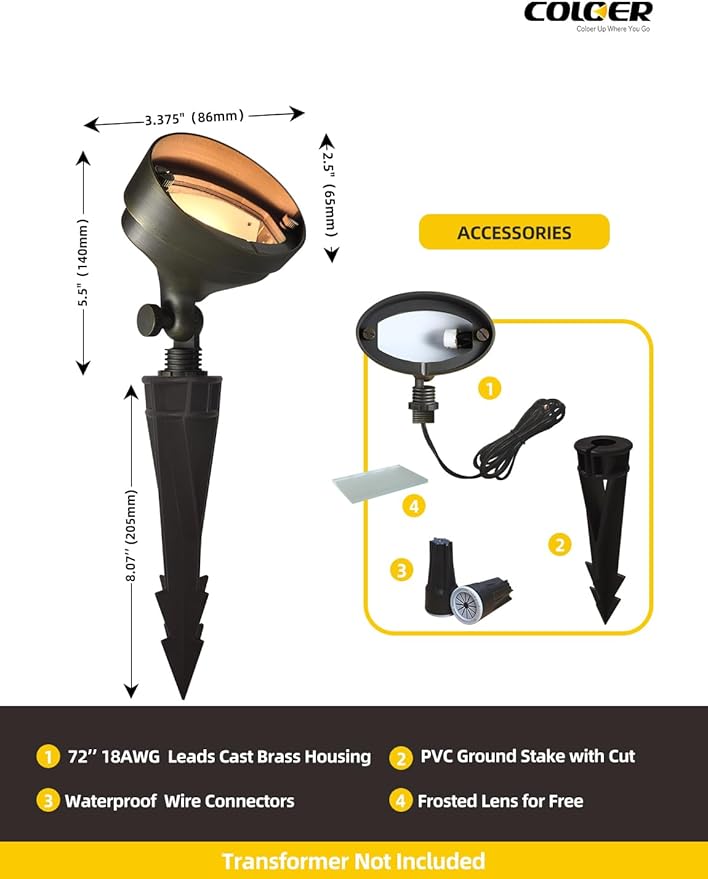 COLOER Die-cast Brass Landscape Flood Light Outdoor,9-17 Volt Low Voltage Wall Wash Lighting,Outdoor LED Floodlight Fixture for Illuminating Signs, Walls and Plant Material(501B,1-Pack Without Bulb)