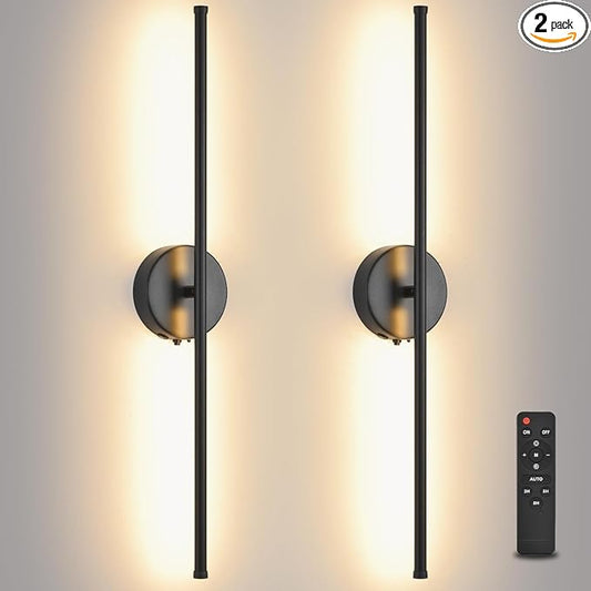 Wall Sconces Battery Operated Set of 2, Black LED Wireless Wall Sconce with Remote Control 350° Rotating, 27.6 Inch Dimmable USB Rechargeable Wall Lights for Living Room Bedroom Hallway