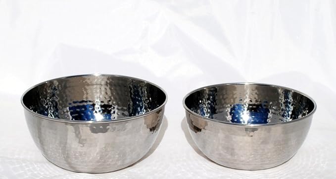 3SCompany Stainless Steel Hand-Hammered Prep and Mix Bowls - Set of 2, 7" and 8" Diameter, Dishwasher Safe, Flat Bottom - 1.5 Quart and 2 Quart Capacity